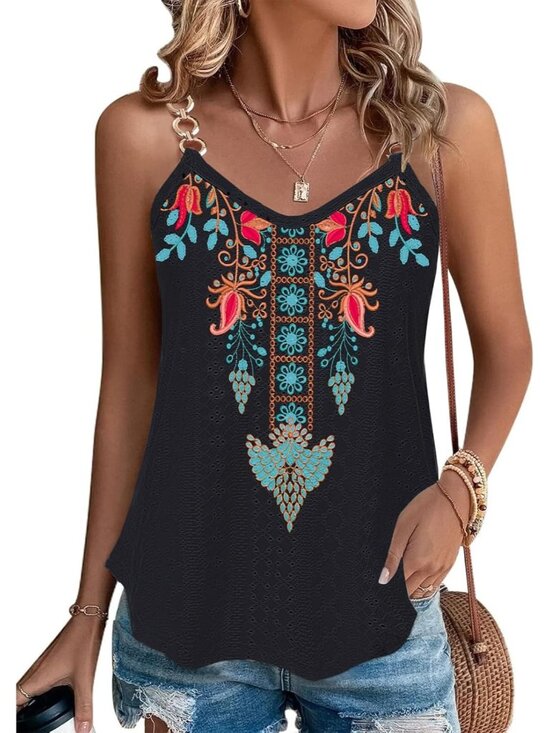 Tops - Women's Black Tank Tops Eyelet Sleeveless Spaghetti Strap Sexy Loose Fit Summer